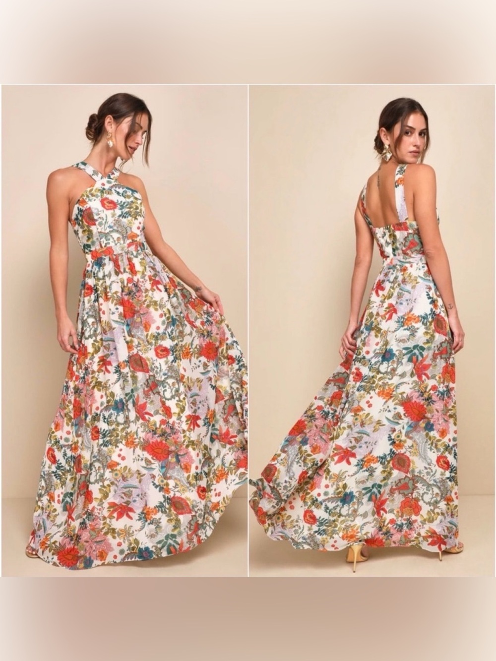 New! Lulu's Lilja Cream Floral Print Halter Maxi Dress Sz L - Picture 3 of 10